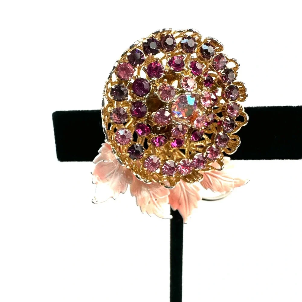 Vintage Gold Tone Purple Rhinestone Pink Enamel Leaf Floral Filigree Brooch Pin